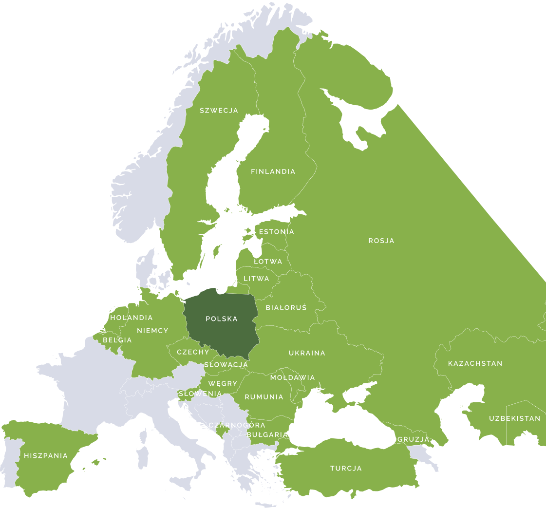 Mapa krajów, do których eksportujemy: Polska (siedziba), Szwecja, Finlandia, Niemcy, Holandia, Belgia, Czechy, Słowacja, Węgry, Słowenia, Rumunia, Bułgaria, Czarnogóra, Litwa, Łotwa, Estonia, Białoruś, Ukraina, Mołdawia, Rosja, Turcja, Gruzja, Kazachstan, Uzbekistan, Hiszpania